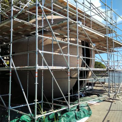 Scaffolding surrounding a concrete spehere