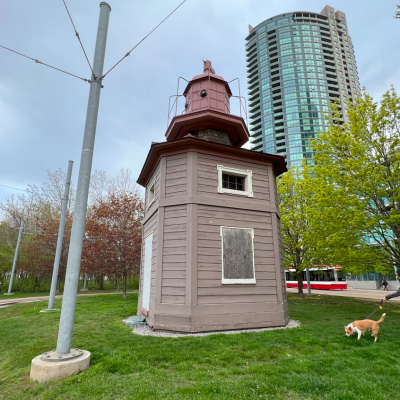 A small brown wooden building boarded up with a large condo building behind. A woman walking her dog